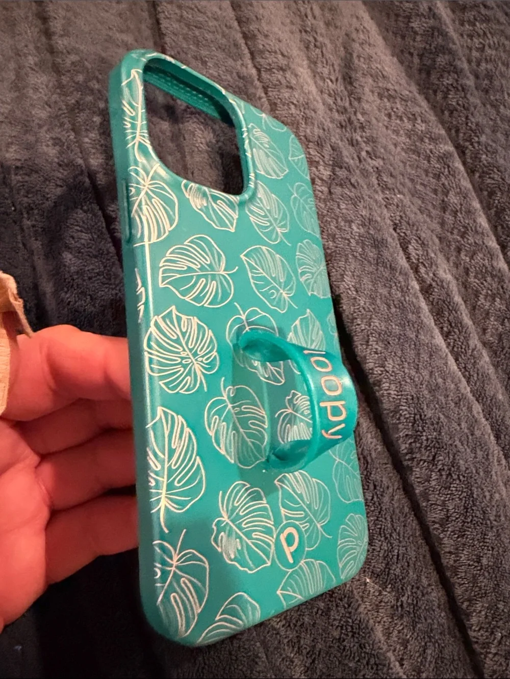 Loopy Case Teal 13 Pro Max iPhone Case with Gold Leaf Pattern and Finger Strap
